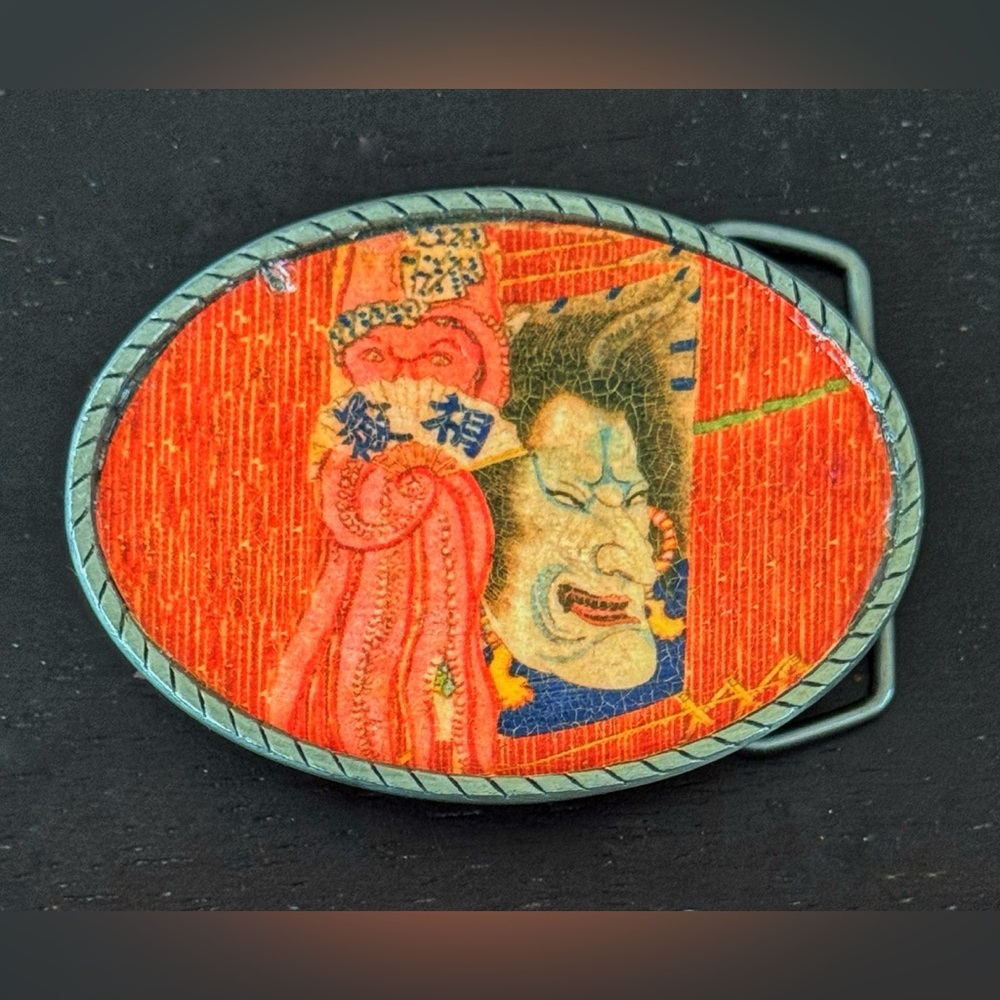 Red Vintage Decorative Pewter Belt Buckle, Japanese Art